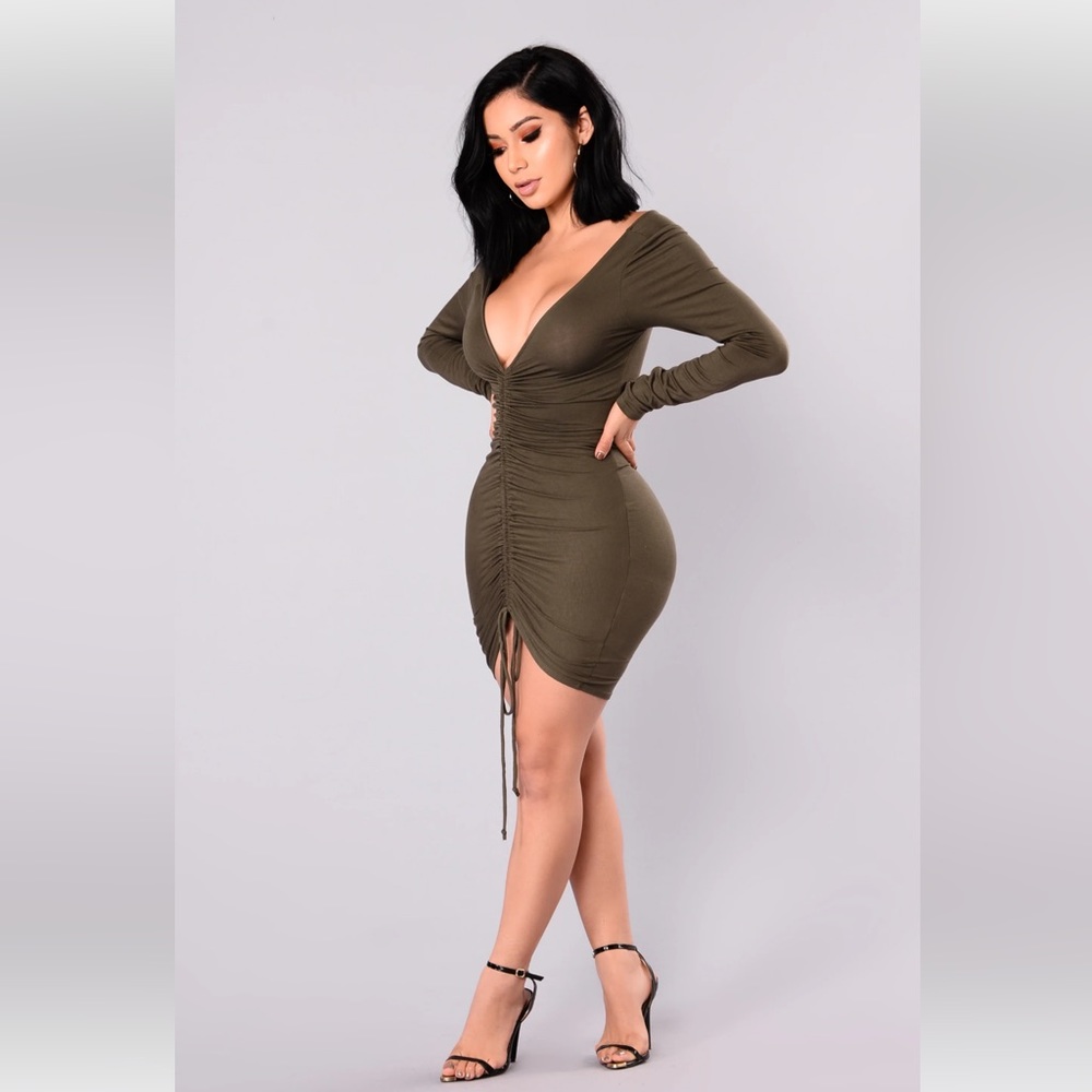 Ruched Long Sleeve Dress - Olive